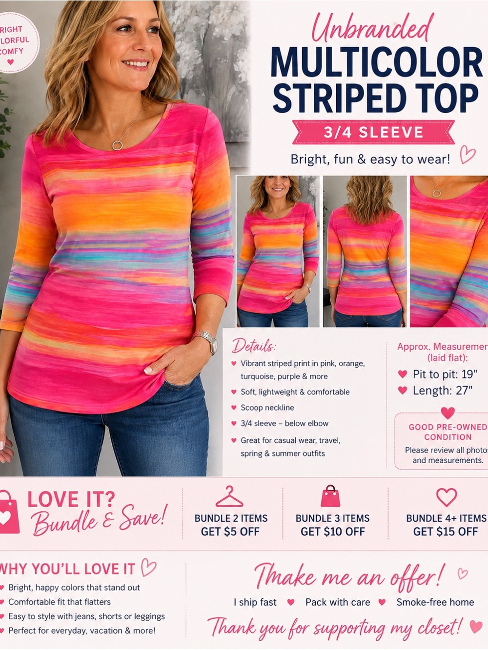 Unbranded Multicolor Striped 3/4 Sleeve Top Pink Orange Women’s